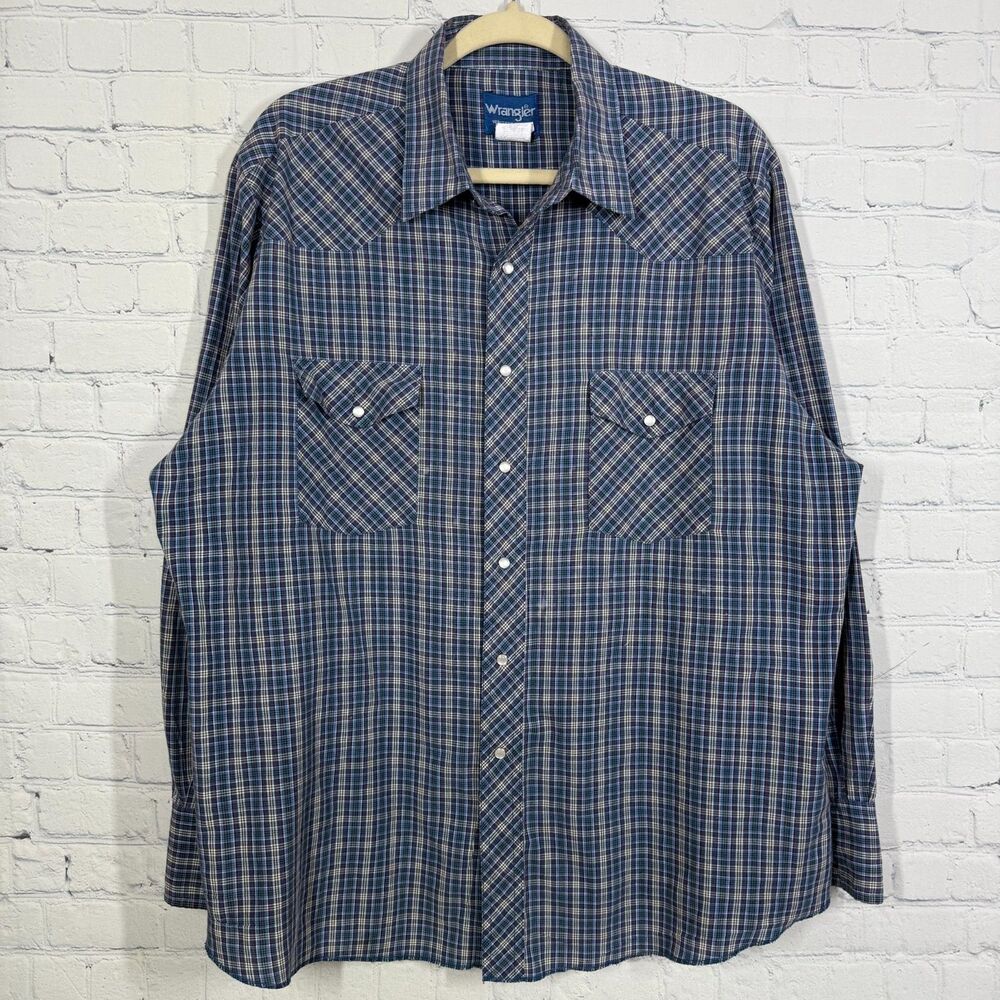 Wrangler  Long Sleeve Pearl Snap Shirt Men's XL Blue Plaid Western Rodeo Top